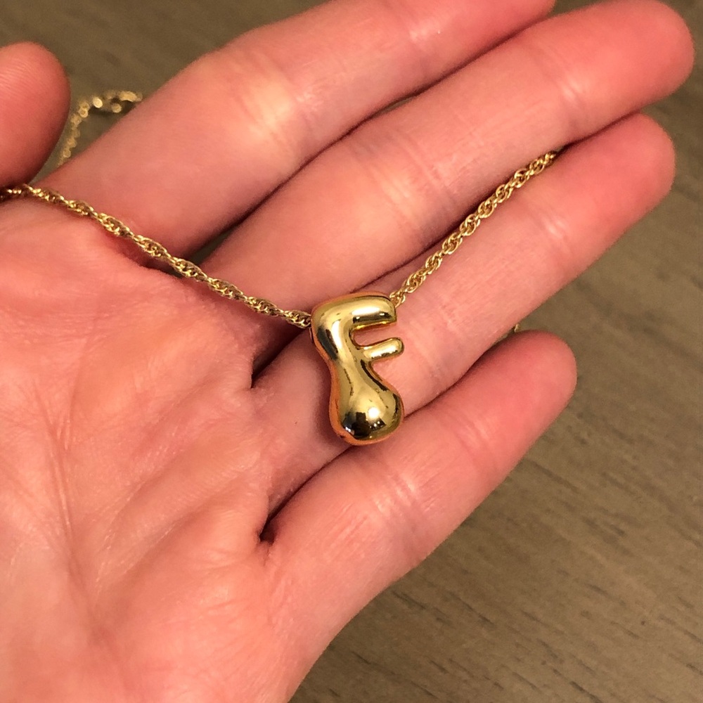 Gold Tone Initial Bubble Letter F Pendant Necklace